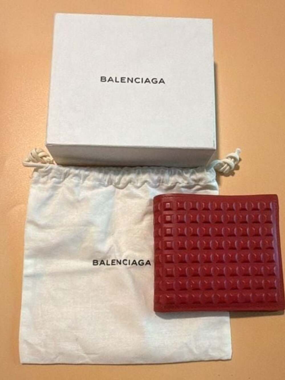 Balenciaga Red Leather Grid Embossed Bifold Wallet